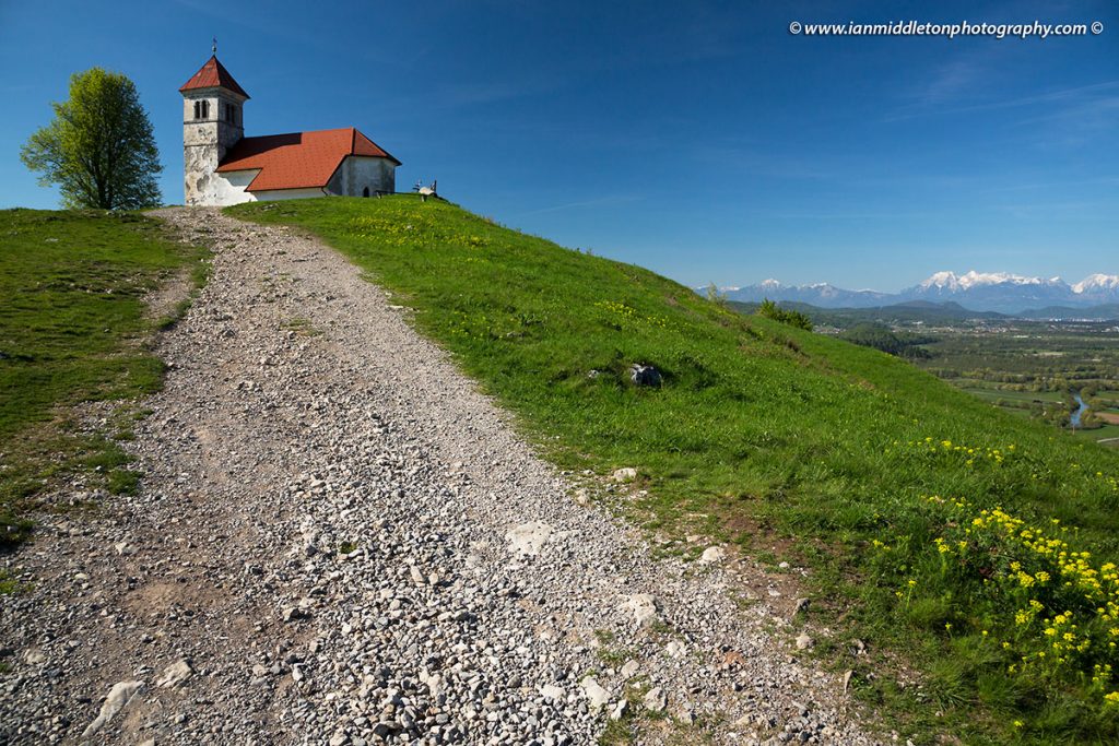 Hiking trail up to the church of Saint Ana (Sveta Ana) on the Ljubljana Marshes in Slovenia.