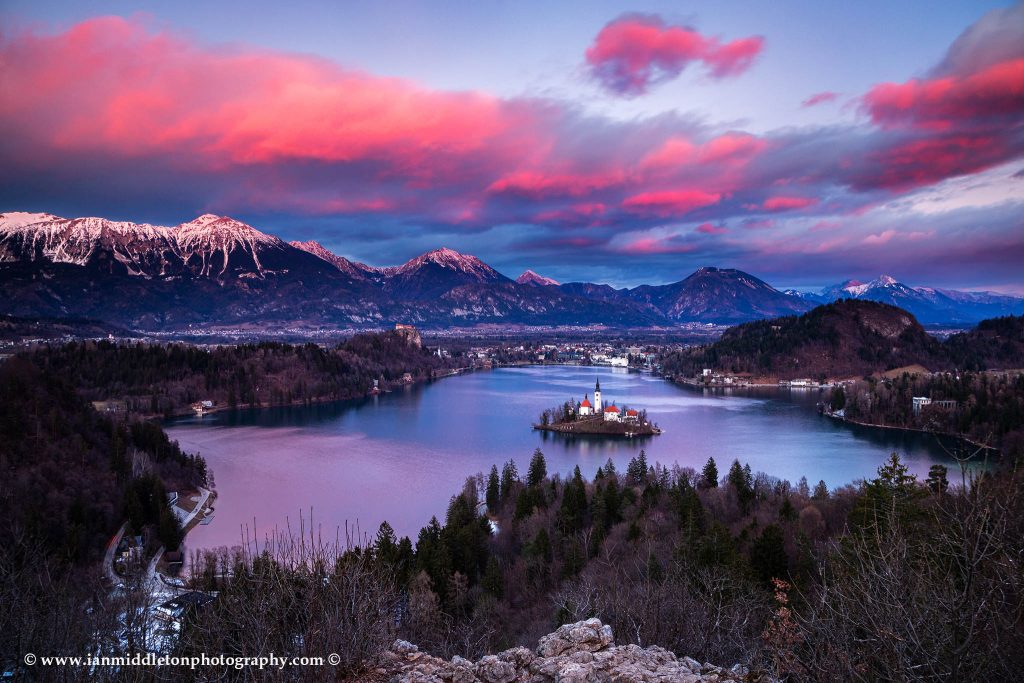 View across Lake Bled to the island church and clifftop castle from Ojstrica at sunset, Slovenia.